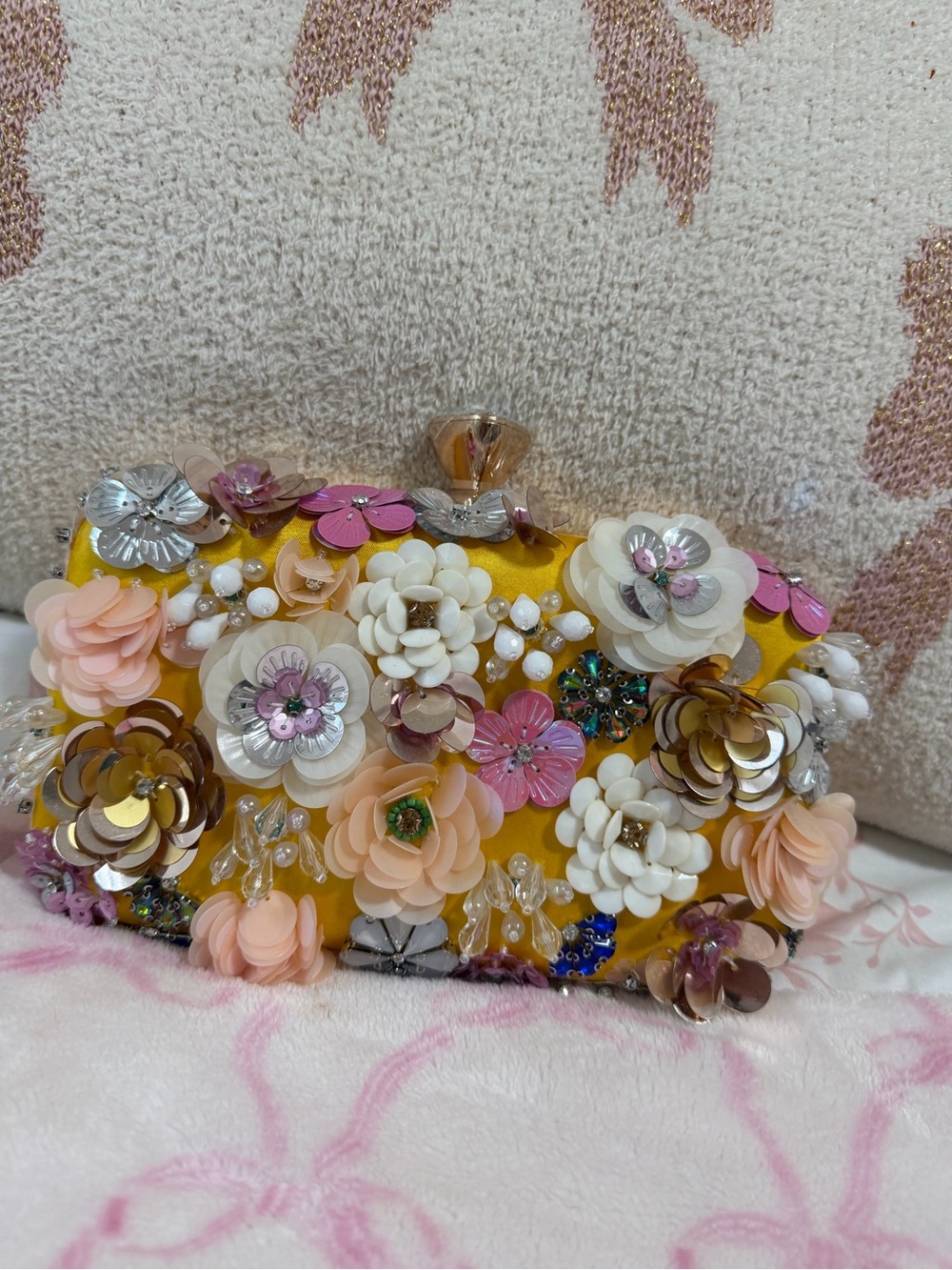bebe Yellow Floral Sequin Embellished Clutch